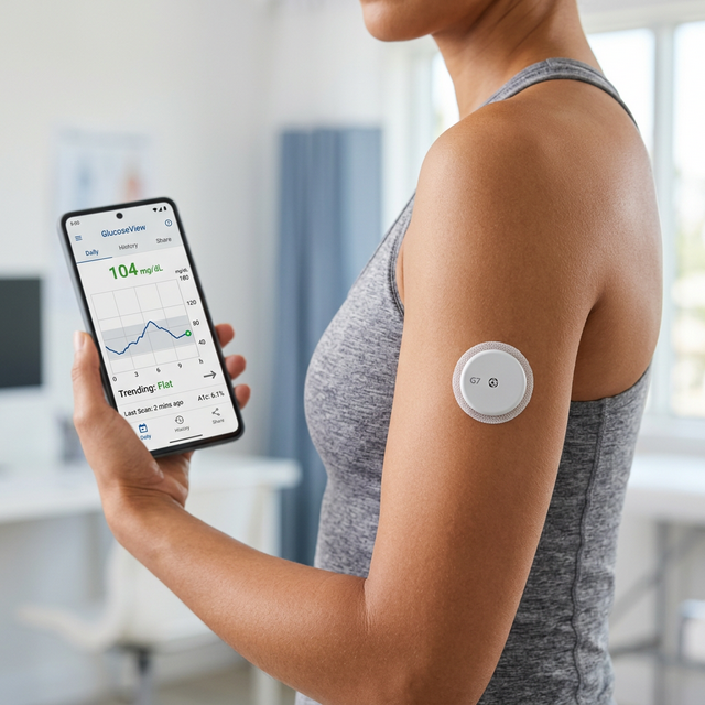 Continuous glucose monitoring device on arm with smartphone app